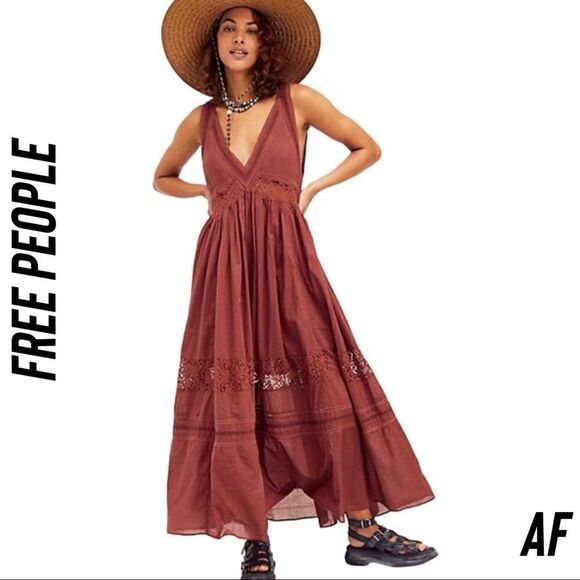 Free People Dresses & Skirts - FREE PEOPLE CARLA LACE MAXI DRESS IN COCOA MAROON NEW SIZE SMALL